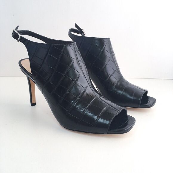 Via Spiga Shoes - Via Spiga Women 6.5 Terese Heels Black Leather Croc Emboss Square Peep Toe FLAW